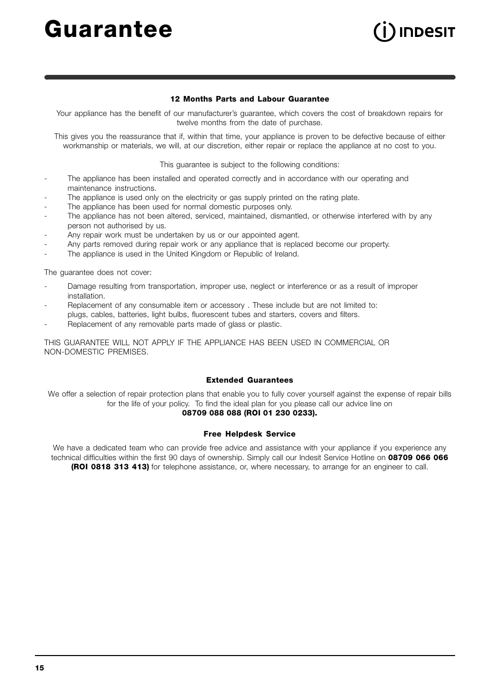 Guarantee | Indesit WIB101 User Manual | Page 15 / 16