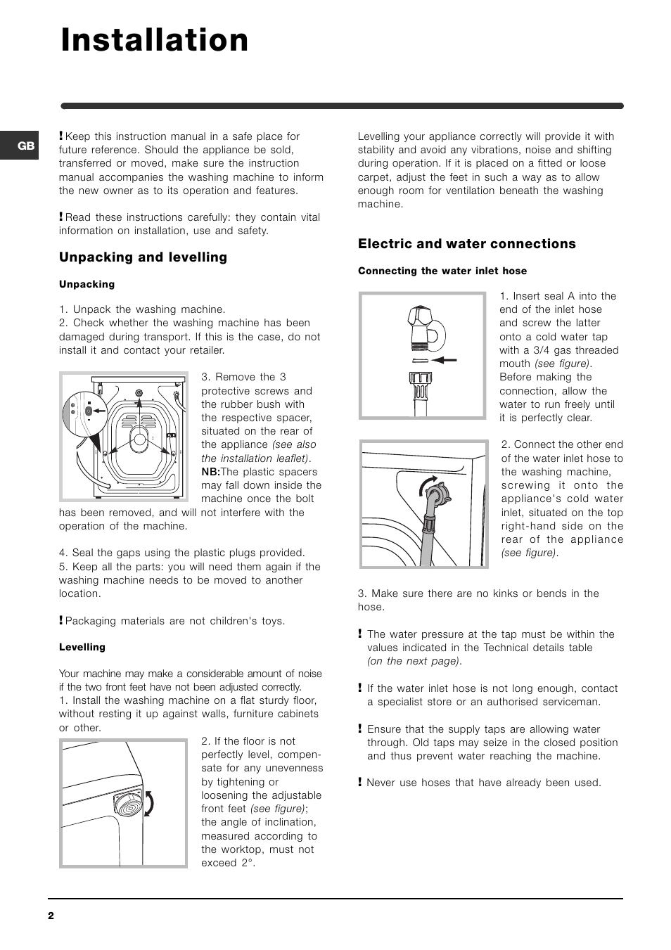 Installation, Unpacking and levelling, Electric and water connections | Indesit WIB101 User Manual | Page 2 / 16