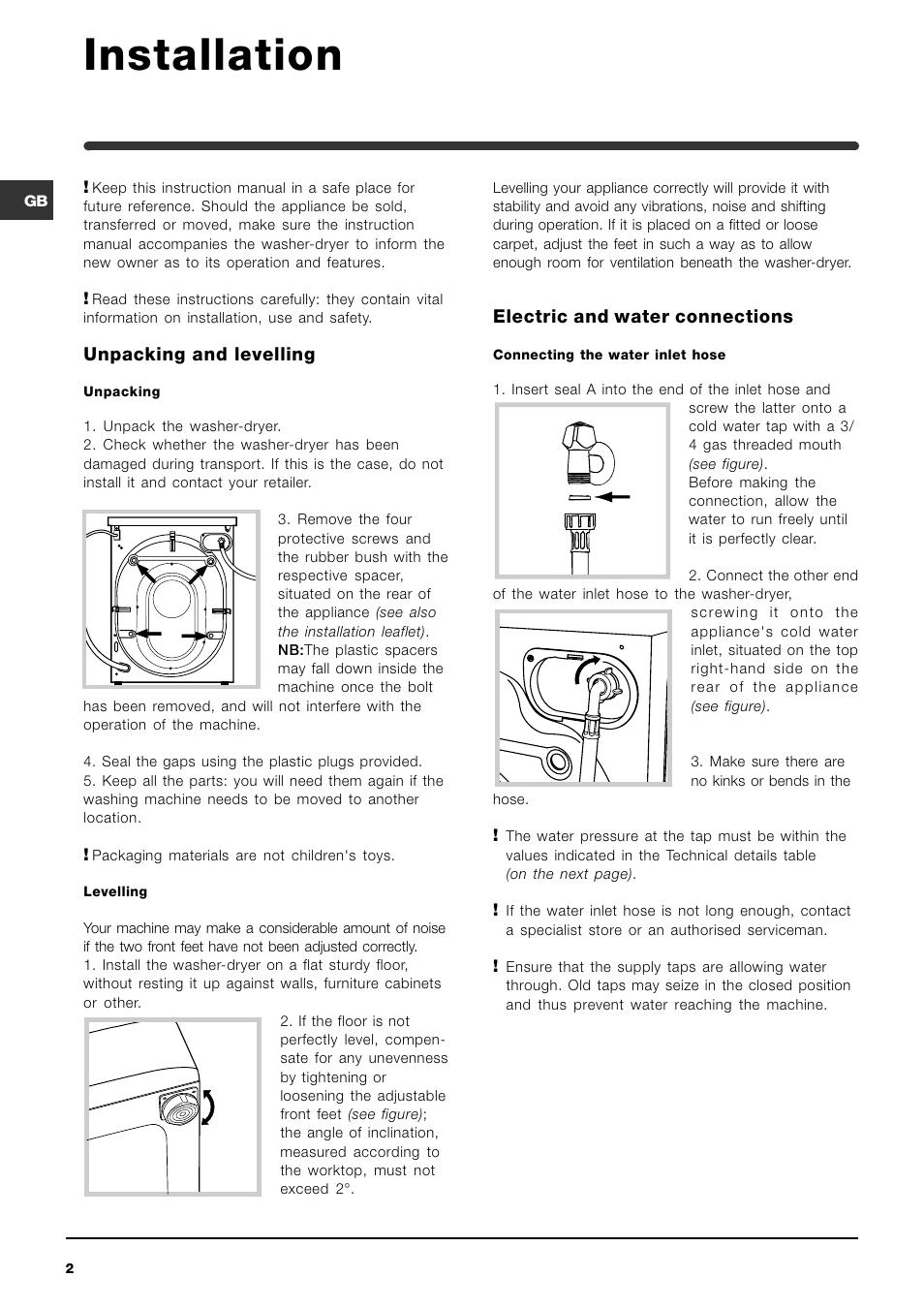 Installation, Unpacking and levelling, Electric and water connections | Indesit DRYER WIDL 126 S User Manual | Page 2 / 16