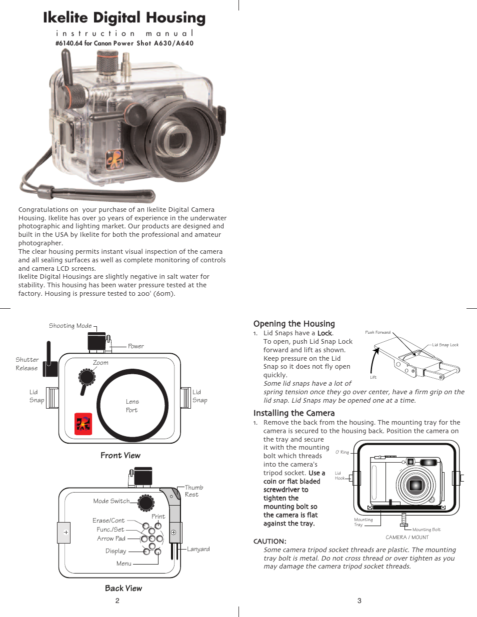 Ikelite digital housing, Front view, Back view | Ikelite Canon A630 User Manual | Page 2 / 6