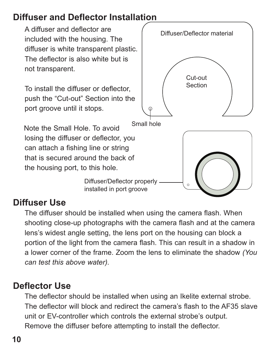 Diffuser use, Deflector use, Diffuser and deflector installation | Ikelite DS-50 User Manual | Page 10 / 24