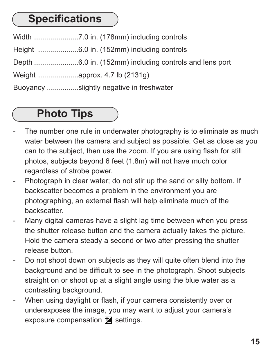 Photo tips specifications | Ikelite DS-50 User Manual | Page 15 / 24