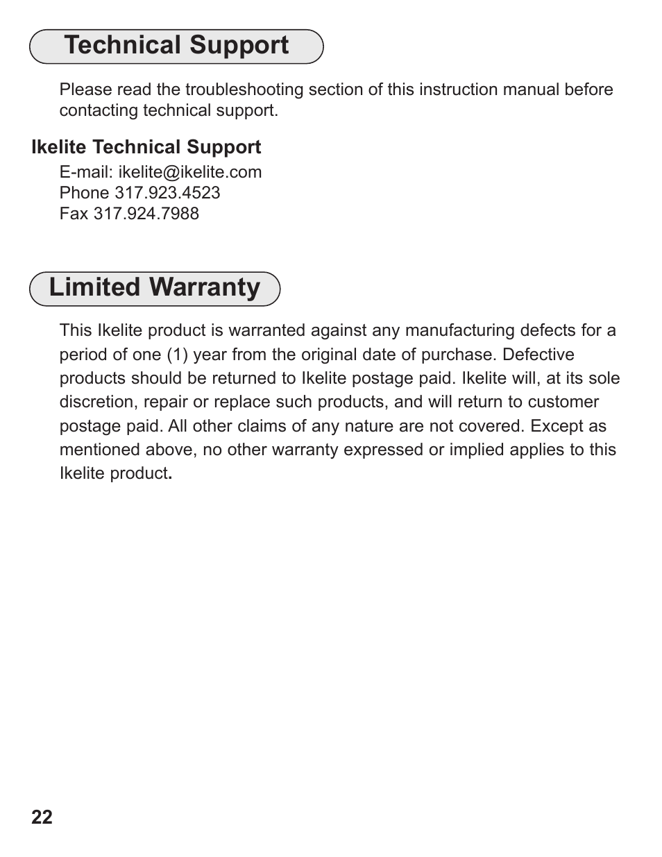 Technical support, Limited warranty | Ikelite DS-50 User Manual | Page 22 / 24