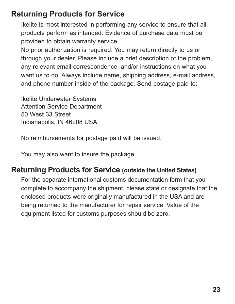 Returning products for service | Ikelite DS-50 User Manual | Page 23 / 24