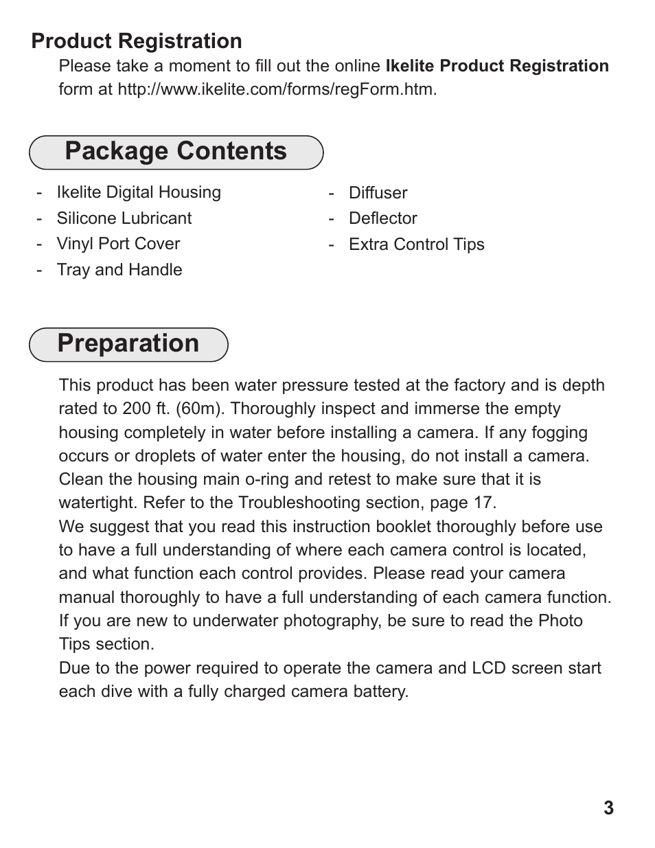 Package contents, Preparation | Ikelite DS-50 User Manual | Page 3 / 24