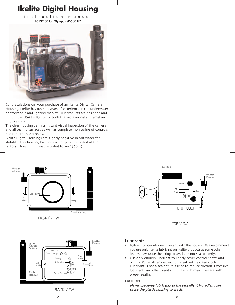 Ikelite digital housing, Front view back view, Lluubbrriiccaannttss | Top view | Ikelite Olympus SP-500 User Manual | Page 2 / 6