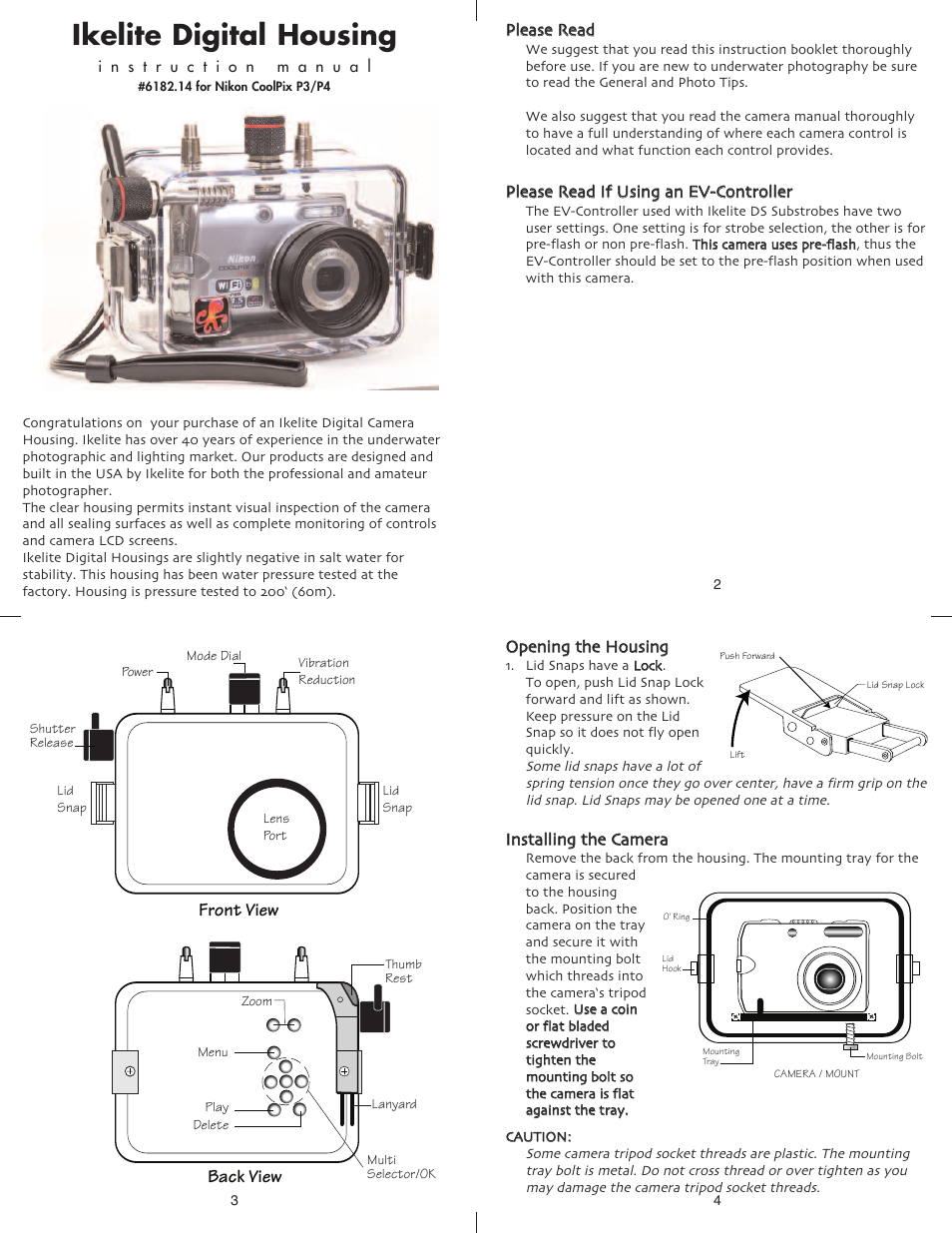 Ikelite digital housing, Front view, Back view | Ikelite 6182.14 User Manual | Page 2 / 7