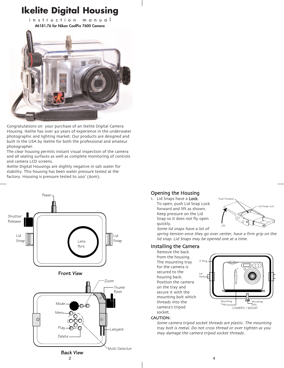 Ikelite digital housing, Front view, Back view | Ikelite Nikon 7600 User Manual | Page 2 / 6