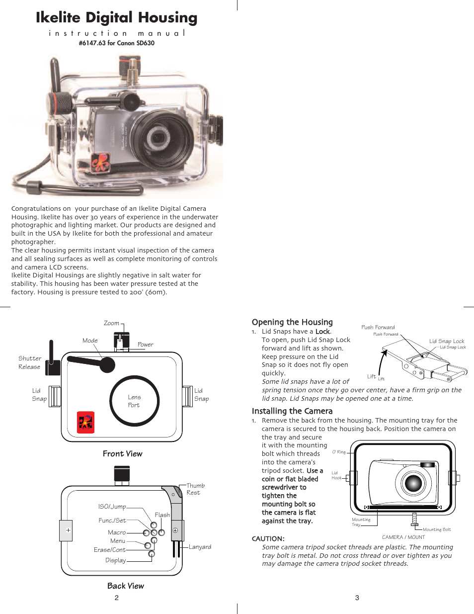 Ikelite digital housing, Front view, Back view | Ikelite IXUS65 User Manual | Page 2 / 6
