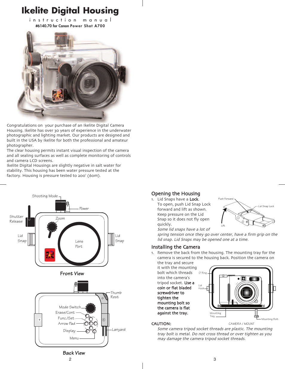 Ikelite digital housing, Front view, Back view | Ikelite Canon PowerShot A700 User Manual | Page 2 / 6