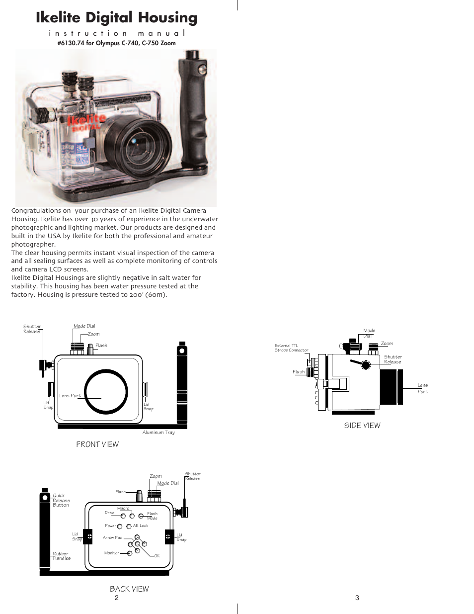 Ikelite digital housing, Front view back view, Side view | Ikelite C-750 User Manual | Page 2 / 7