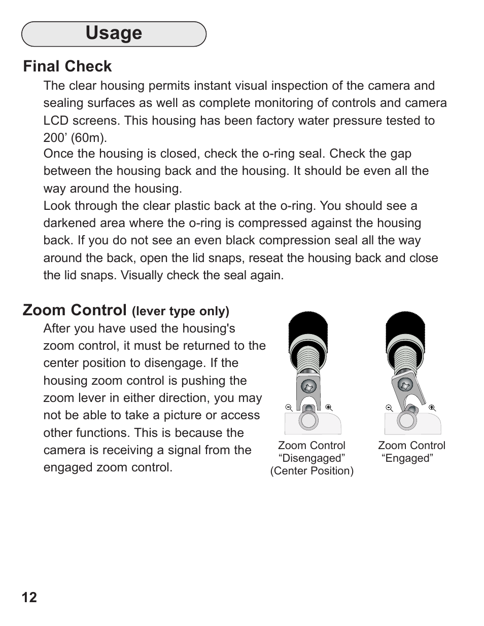 Usage, Final check, Zoom control | Ikelite Underwater Housing for Canon PowerShot G12 User Manual | Page 12 / 28