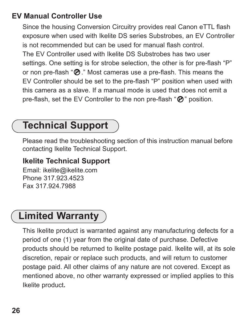 Limited warranty, Technical support | Ikelite Underwater Housing for Canon PowerShot G12 User Manual | Page 26 / 28