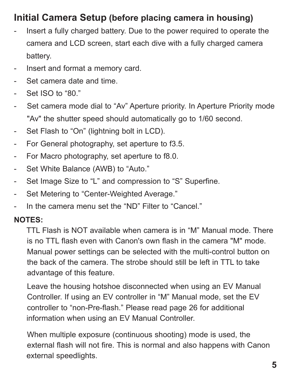 Initial camera setup | Ikelite Underwater Housing for Canon PowerShot G12 User Manual | Page 5 / 28