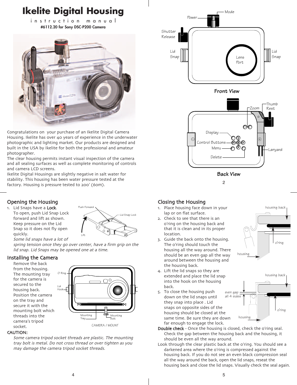 Ikelite digital housing, Front view, Back view | Ikelite DSC-P200 User Manual | Page 2 / 6