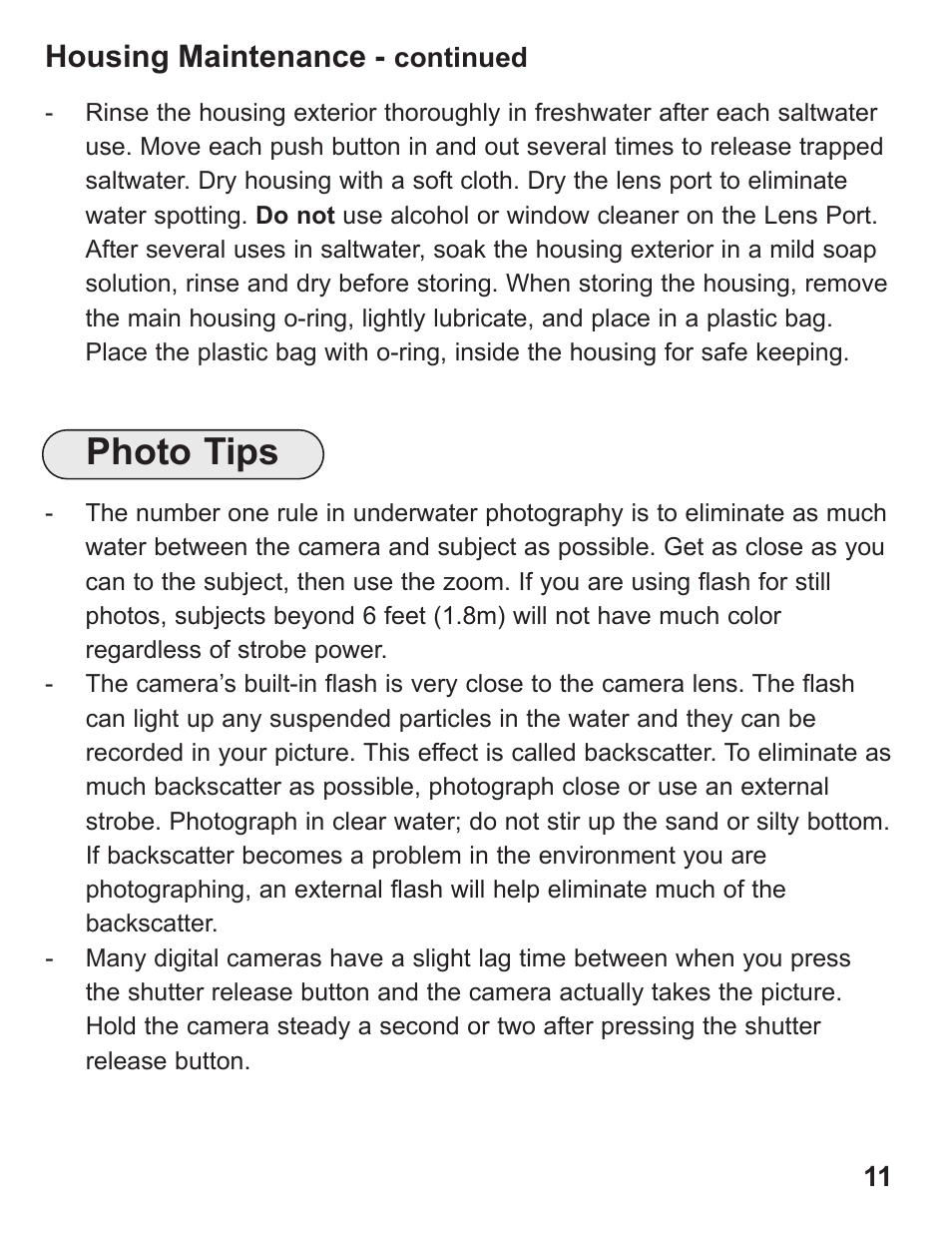 Photo tips, Housing maintenance | Ikelite ALL User Manual | Page 11 / 20