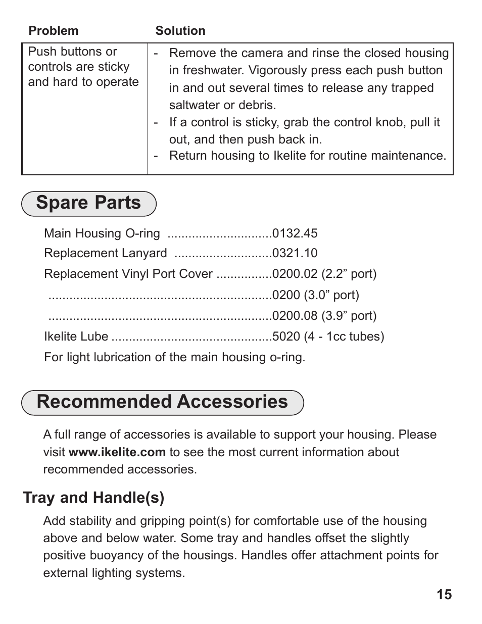 Recommended accessories, Spare parts, Tray and handle(s) | Ikelite ALL User Manual | Page 15 / 20