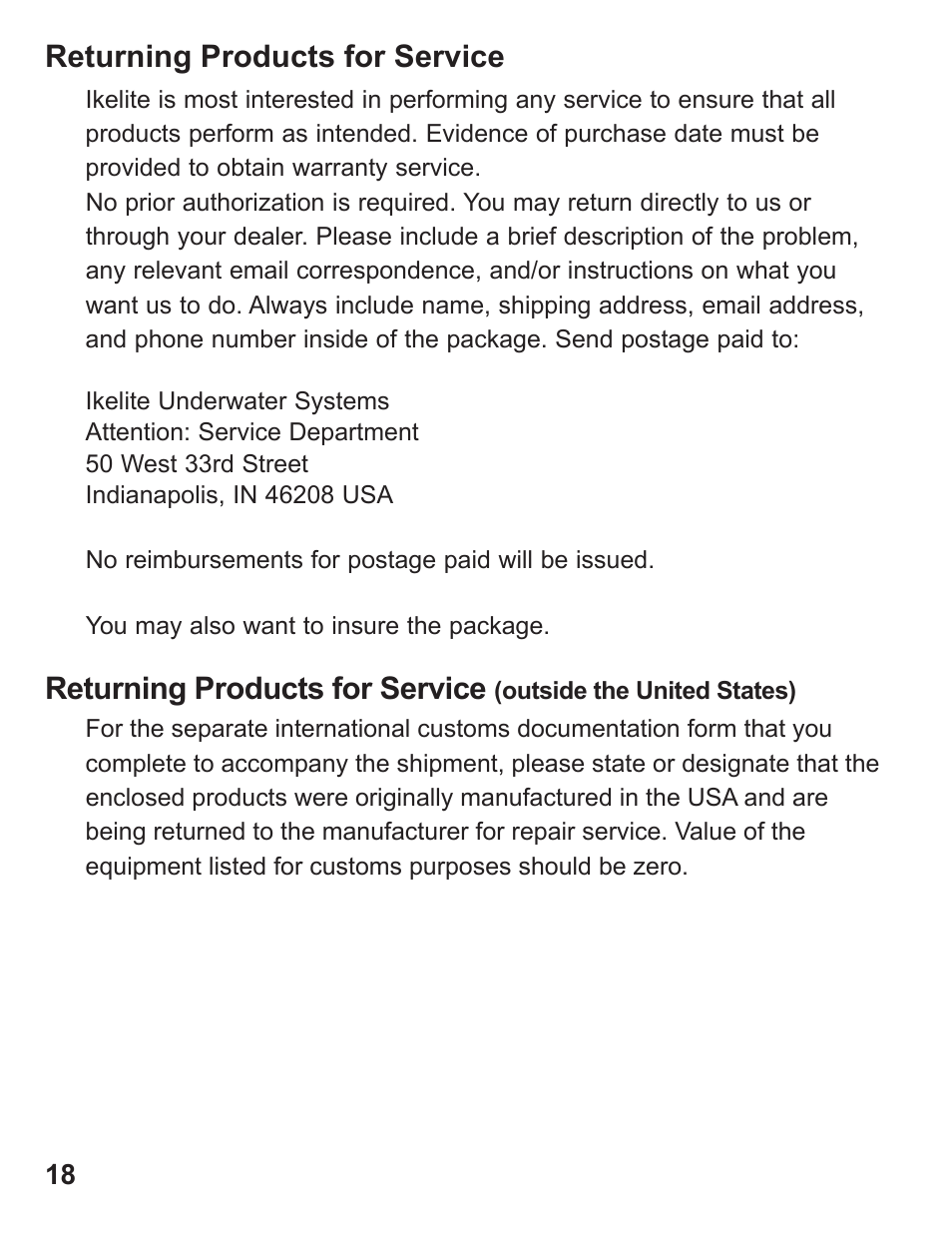 Returning products for service | Ikelite ALL User Manual | Page 18 / 20