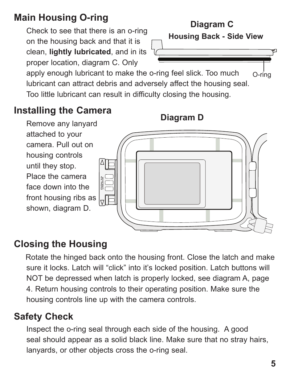 Closing the housing, Installing the camera, Main housing o-ring | Safety check, Diagram c, Diagram d, Housing back - side view | Ikelite ALL User Manual | Page 5 / 20