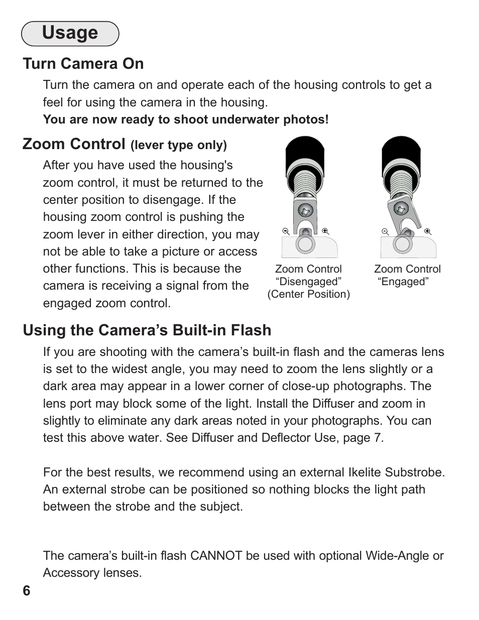 Usage, Using the camera’s built-in flash, Zoom control | Turn camera on | Ikelite ALL User Manual | Page 6 / 20