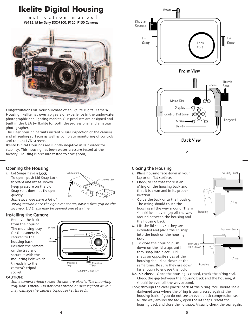 Ikelite digital housing, Front view, Back view | Ikelite DSC-P150 User Manual | Page 2 / 6