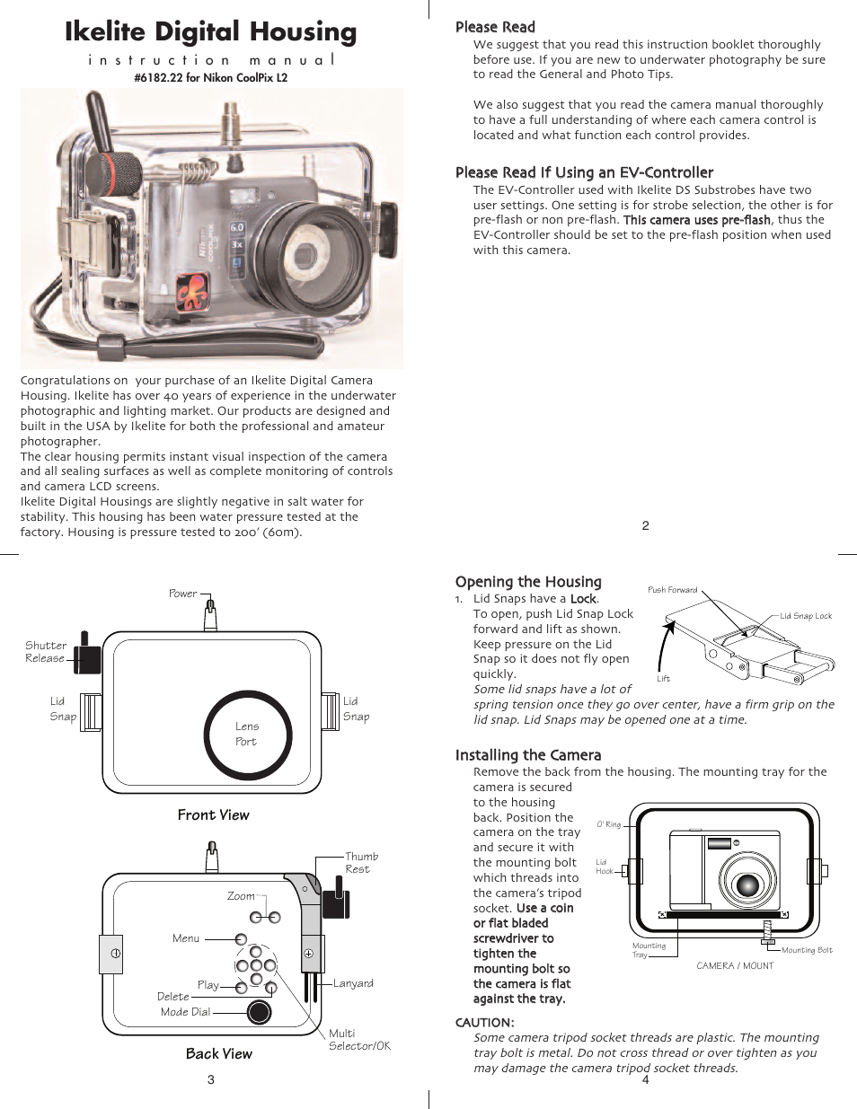 Ikelite digital housing, Front view, Back view | Ikelite Nikon L2 User Manual | Page 2 / 7