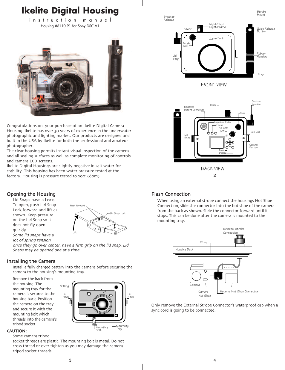 Ikelite digital housing, Front view, Back view | Ooppeenniinngg tthhee h hoouussiinngg, Camera / mount | Ikelite DSC-V1 User Manual | Page 2 / 6