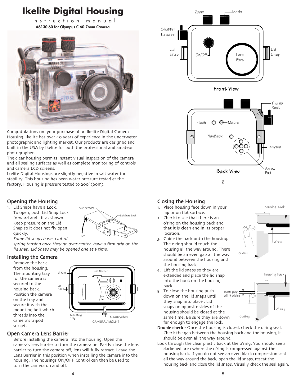 Ikelite digital housing, Front view, Back view | Ikelite Olympus C-60 User Manual | Page 2 / 6