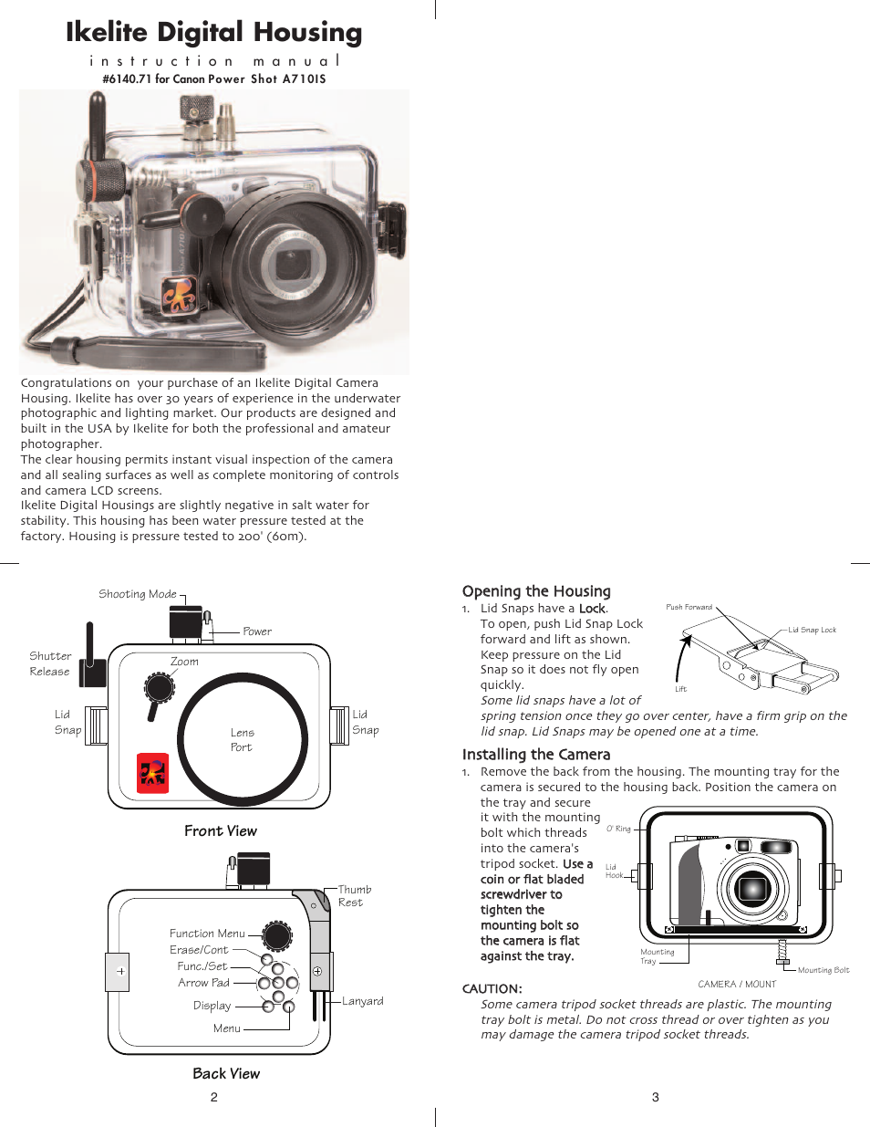 Ikelite digital housing, Front view, Back view | Ikelite PowerShot A710IS User Manual | Page 2 / 7