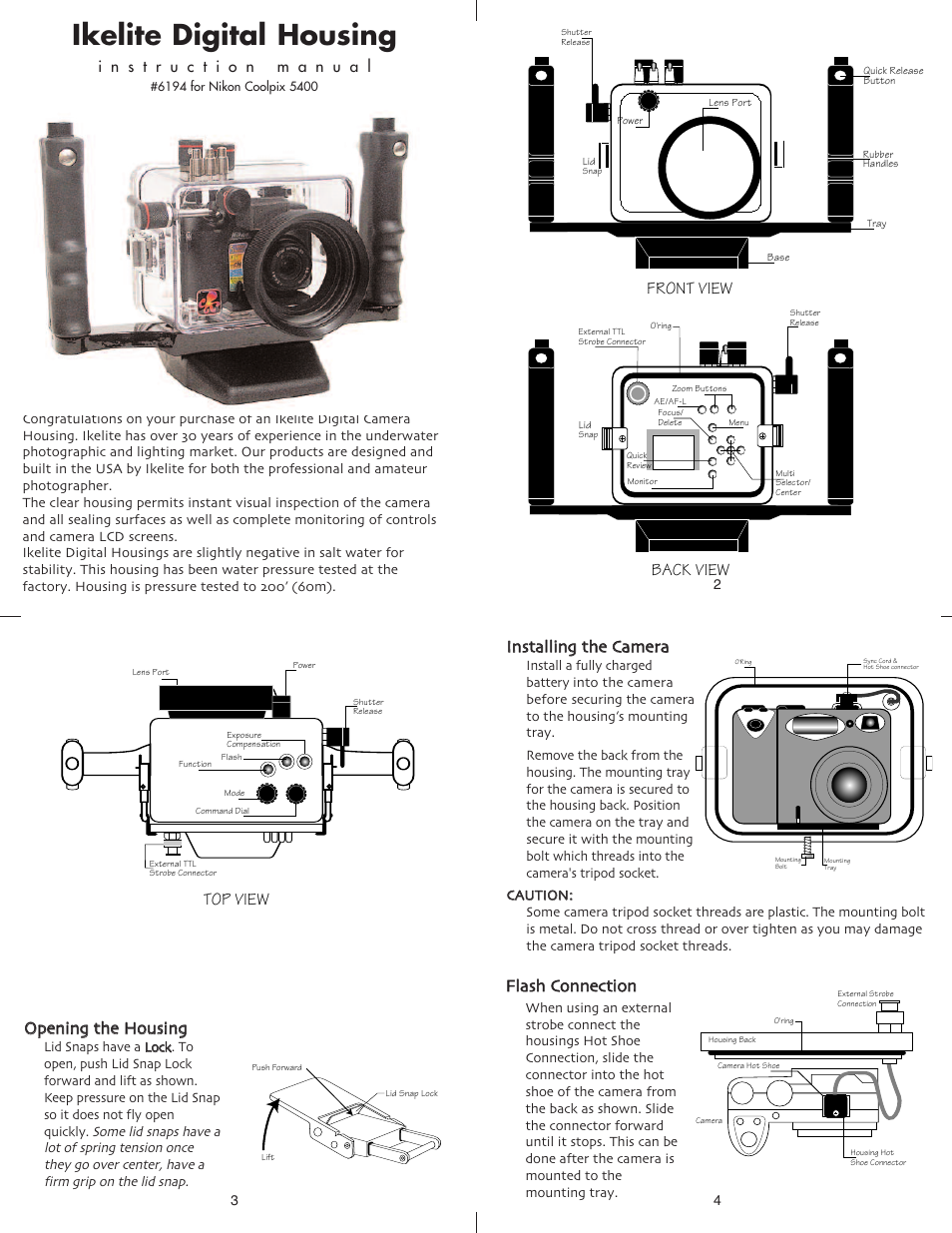 Ikelite digital housing, Front view, Back view | Ooppeenniinngg tthhee h hoouussiinngg, Top view | Ikelite Nikon 5400 User Manual | Page 2 / 5