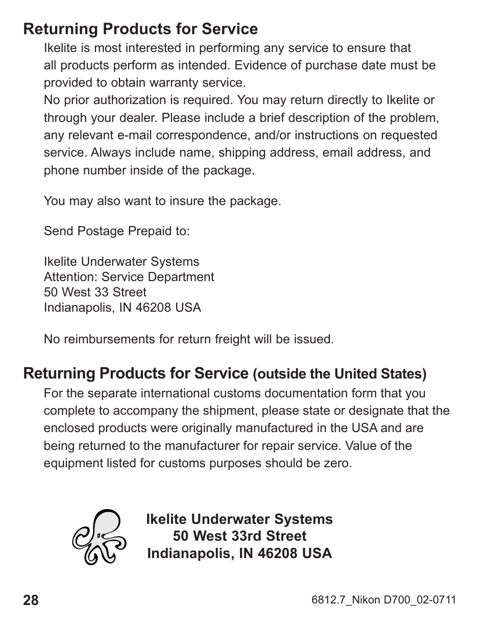 Returning products for service | Ikelite SLR-DC Housing D700 User Manual | Page 28 / 28