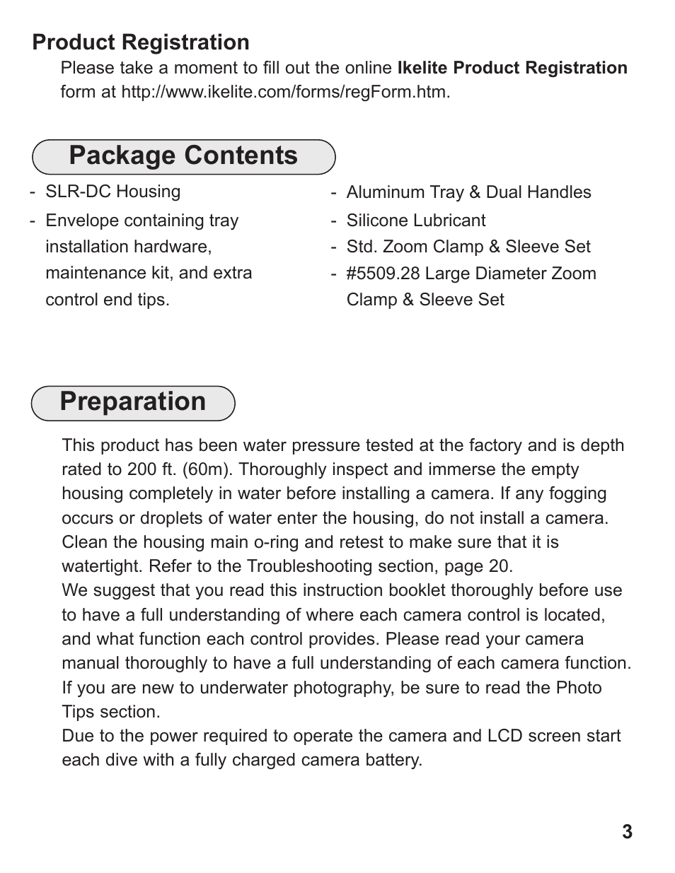 Package contents, Preparation | Ikelite SLR-DC Housing D700 User Manual | Page 3 / 28