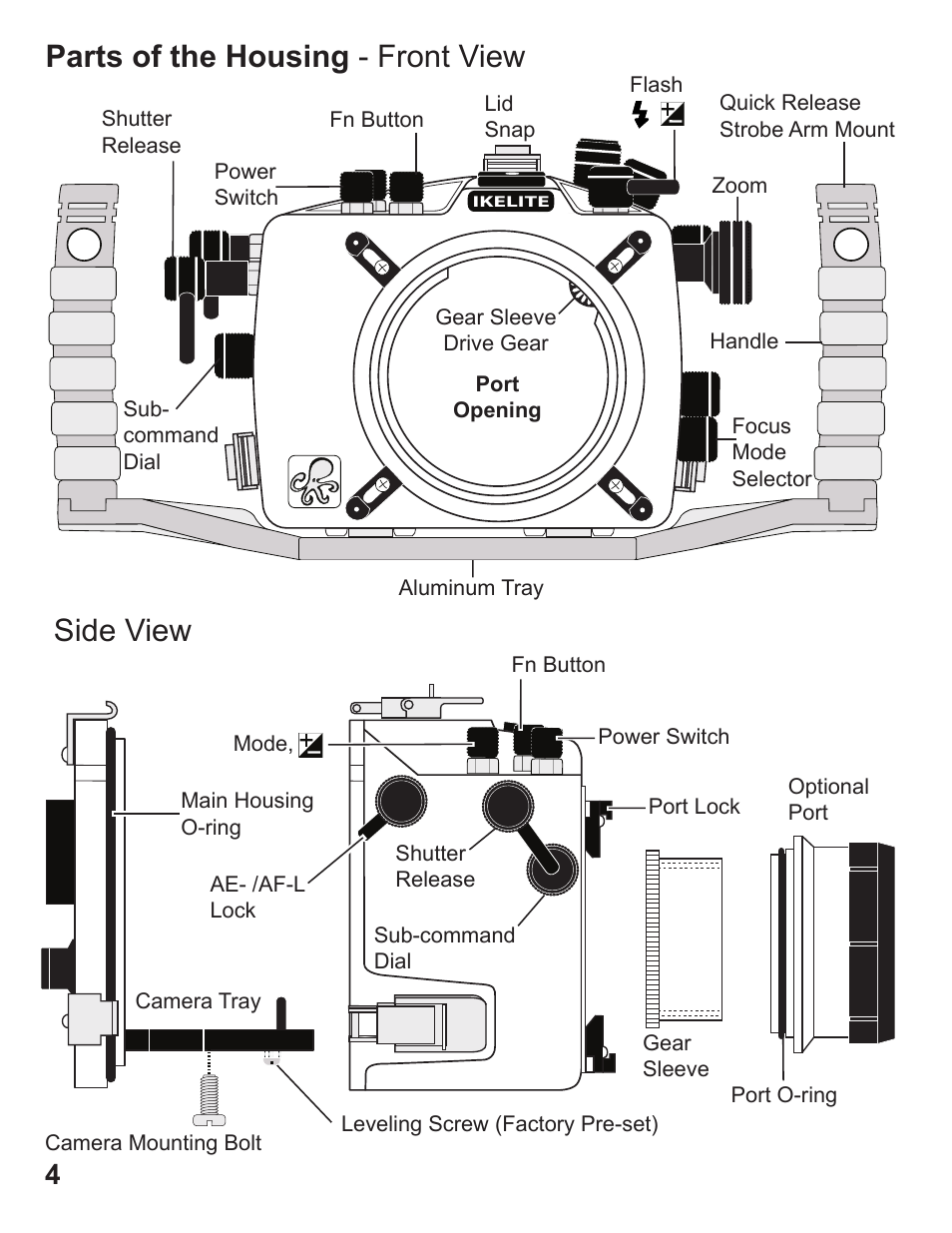 Parts of the housing - front view, Side view | Ikelite SLR-DC Housing D700 User Manual | Page 4 / 28