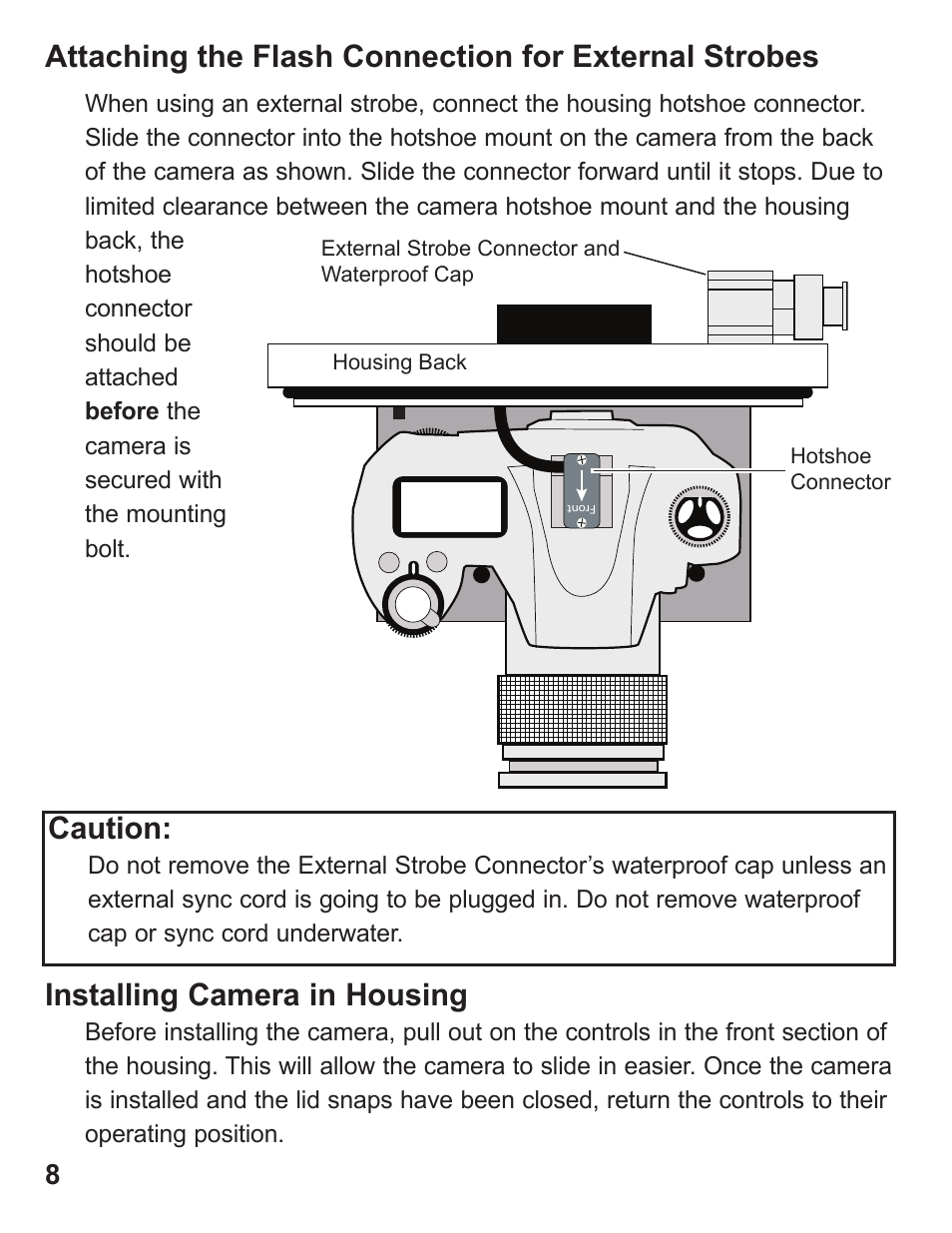 Caution, Installing camera in housing | Ikelite SLR-DC Housing D700 User Manual | Page 8 / 28