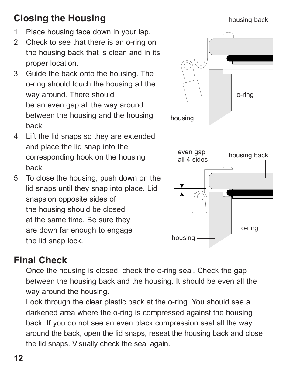 Final check, Closing the housing | Ikelite Digital Camera Housing SLR-DC User Manual | Page 12 / 32