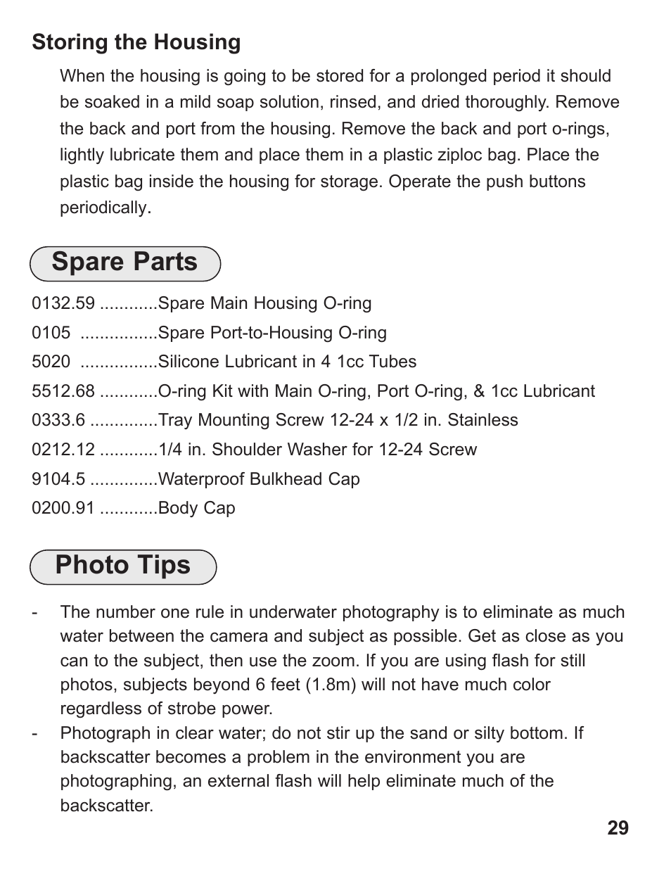 Photo tips, Spare parts | Ikelite Digital Camera Housing SLR-DC User Manual | Page 29 / 32