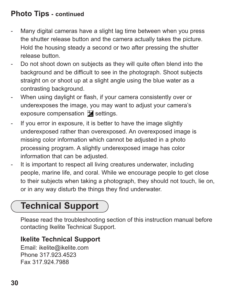 Technical support, Photo tips | Ikelite Digital Camera Housing SLR-DC User Manual | Page 30 / 32