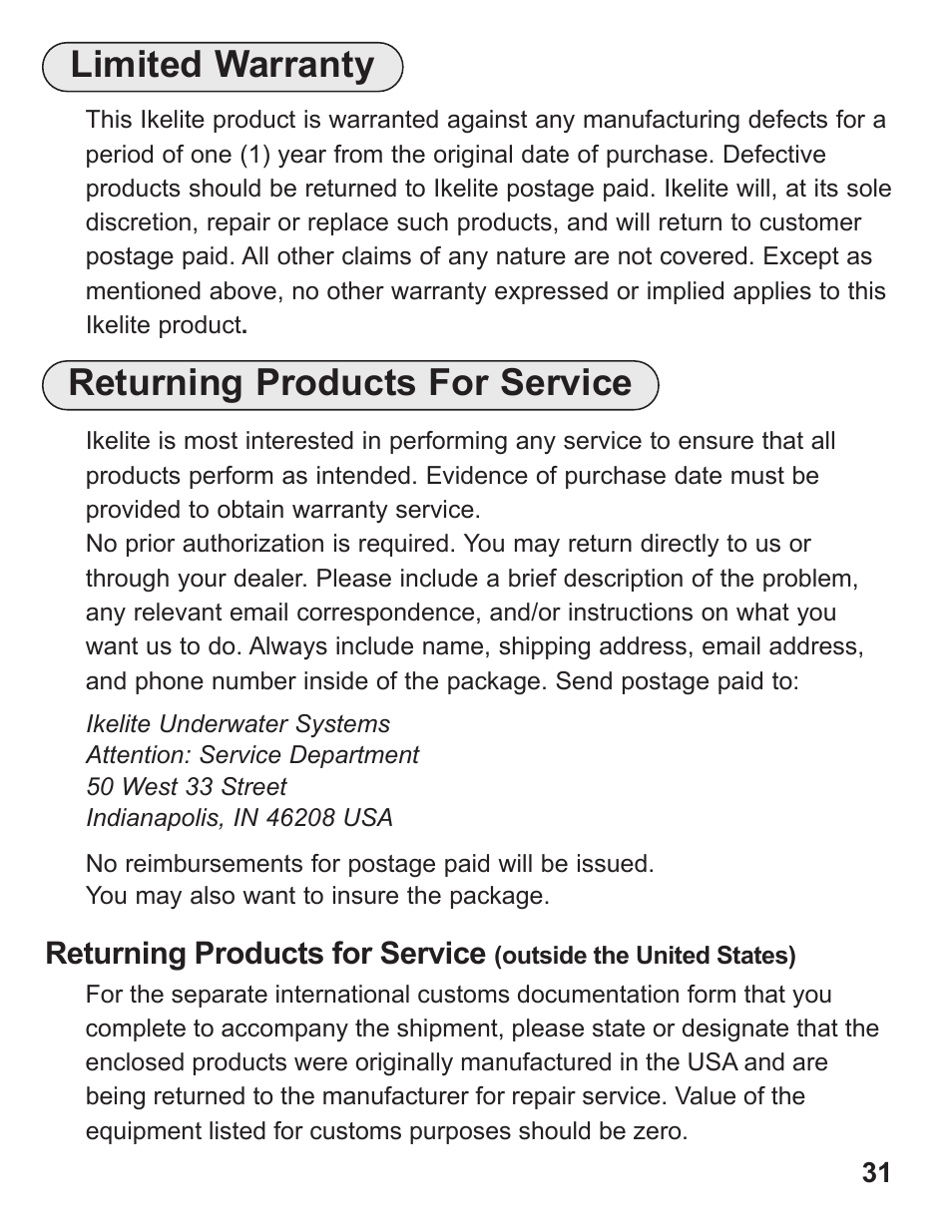 Returning products for service, Limited warranty | Ikelite Digital Camera Housing SLR-DC User Manual | Page 31 / 32