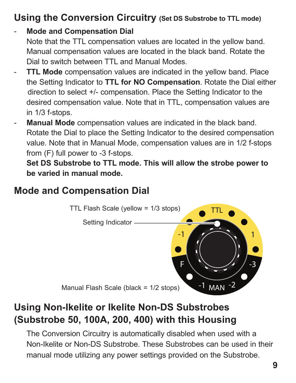 Using the conversion circuitry, Mode and compensation dial | Ikelite Digital Camera Housing SLR-DC User Manual | Page 9 / 32