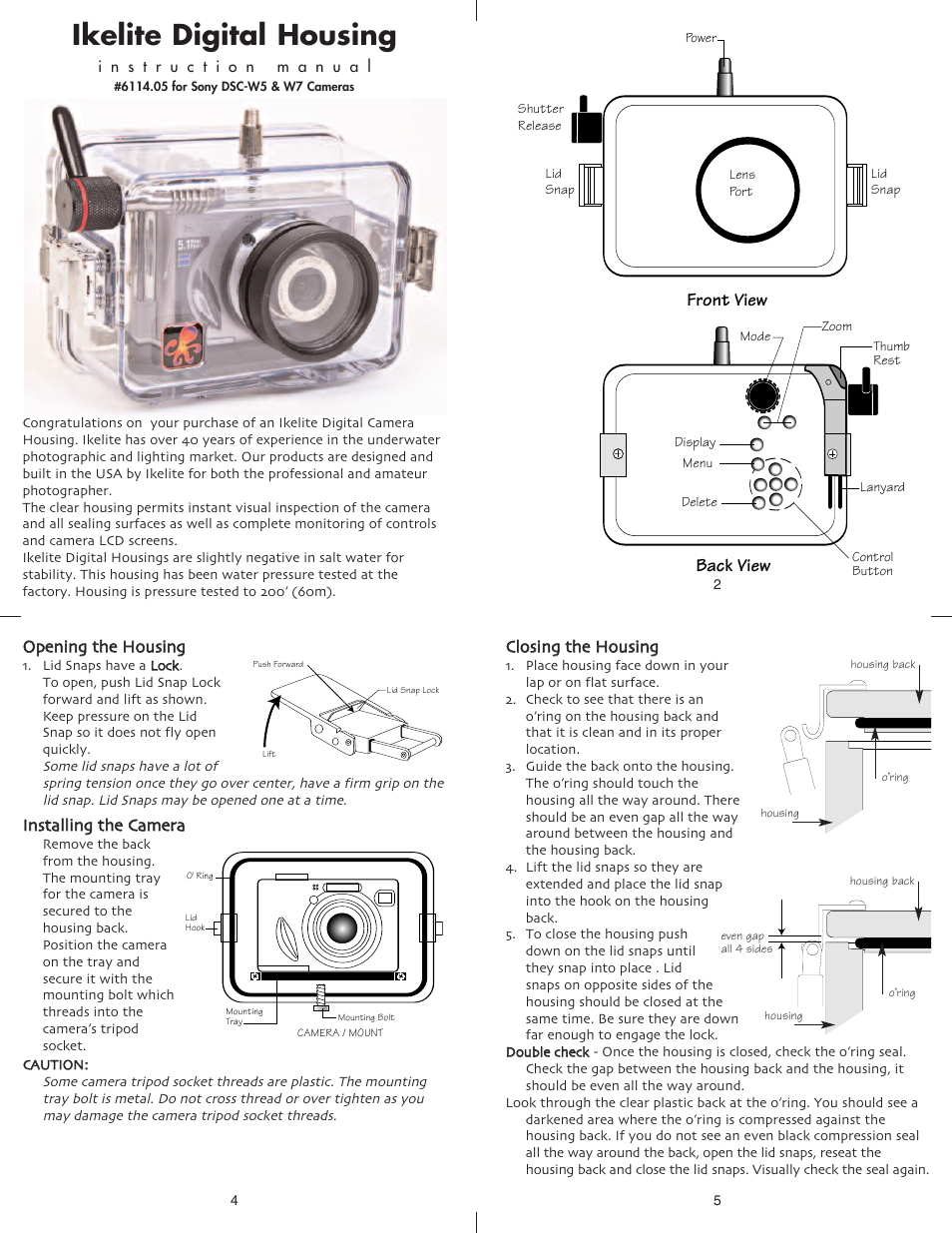 Ikelite digital housing, Front view, Back view | Ikelite DSC-W7 User Manual | Page 2 / 6