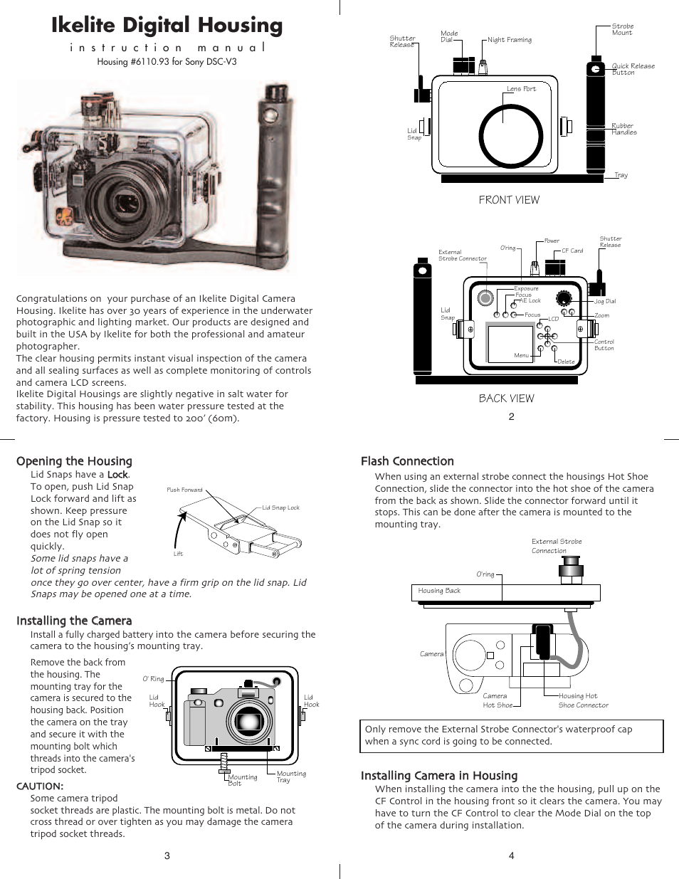 Ikelite digital housing, Ooppeenniinngg tthhee h hoouussiinngg, Camera / mount | Front view, Back view | Ikelite DSC-V3 User Manual | Page 2 / 5