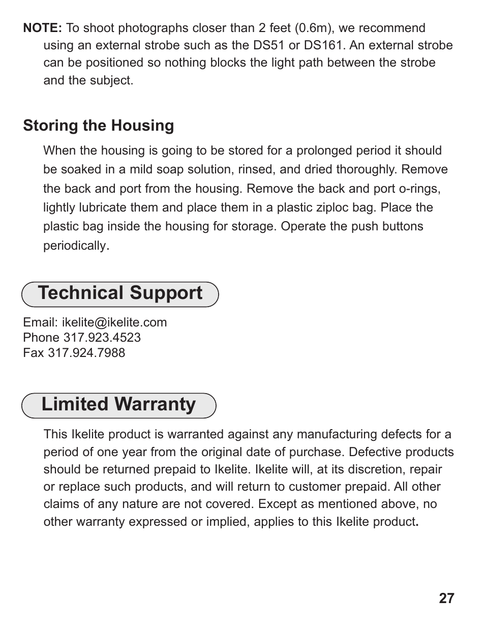 Limited warranty technical support | Ikelite Underwater TTL Housing for Canon EOS 40D User Manual | Page 27 / 28