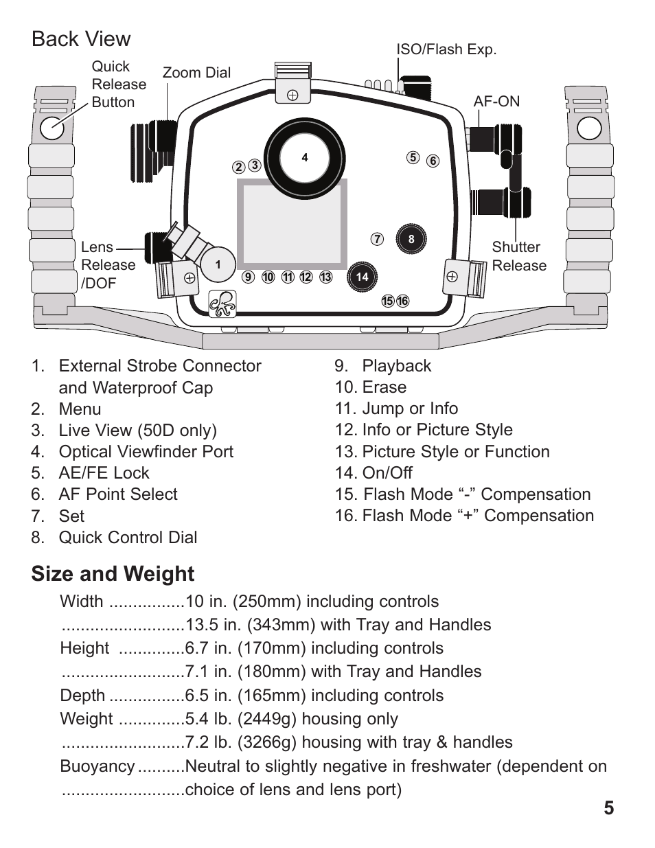 Back view, Size and weight | Ikelite Underwater TTL Housing for Canon EOS 40D User Manual | Page 5 / 28