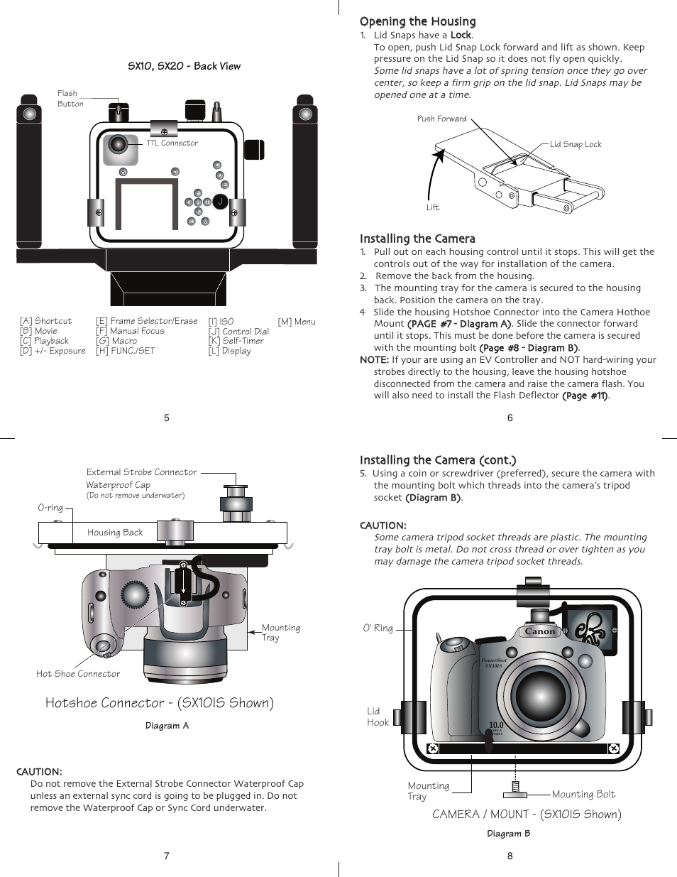 Hotshoe connector - (sx10is shown), Camera / mount - (sx10is shown), Ooppeenniinngg tthhee h hoouussiinngg | Ikelite SX10 IS User Manual | Page 2 / 6