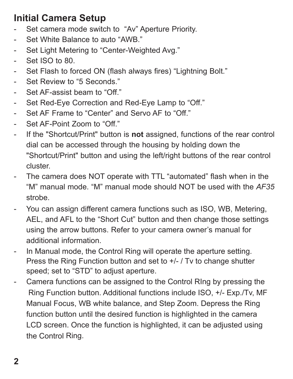 Initial camera setup | Ikelite S95 User Manual | Page 2 / 8