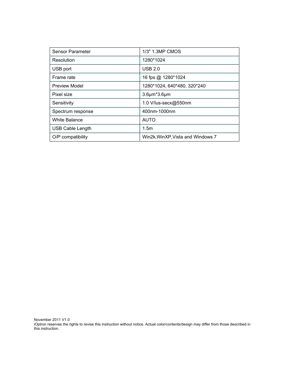 Specifications | iOptron IE1300 User Manual | Page 4 / 8