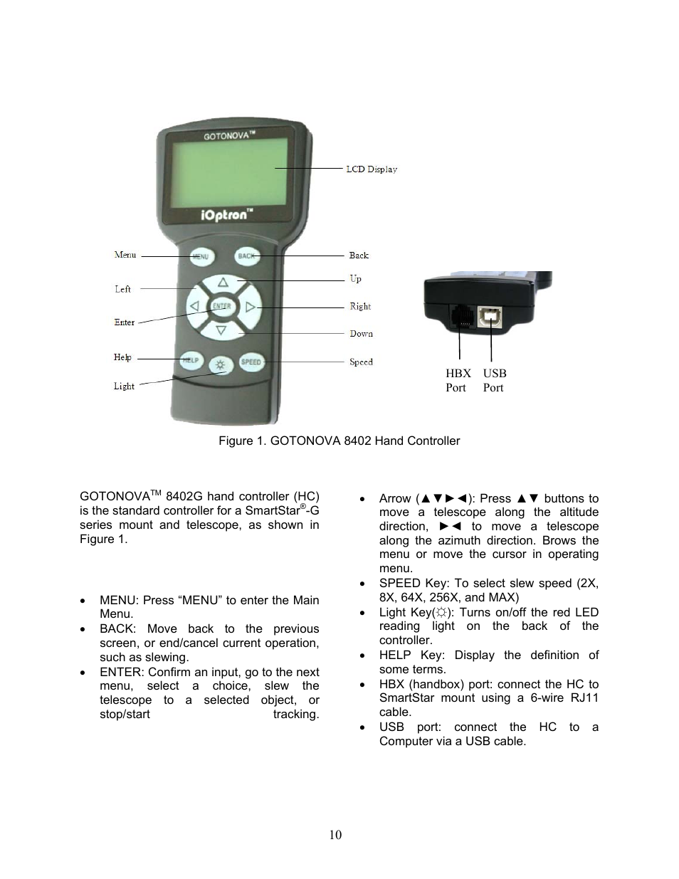 Gotonova, 8402g hand controller, Key description | iOptron SmartStar G-N114 User Manual | Page 10 / 42