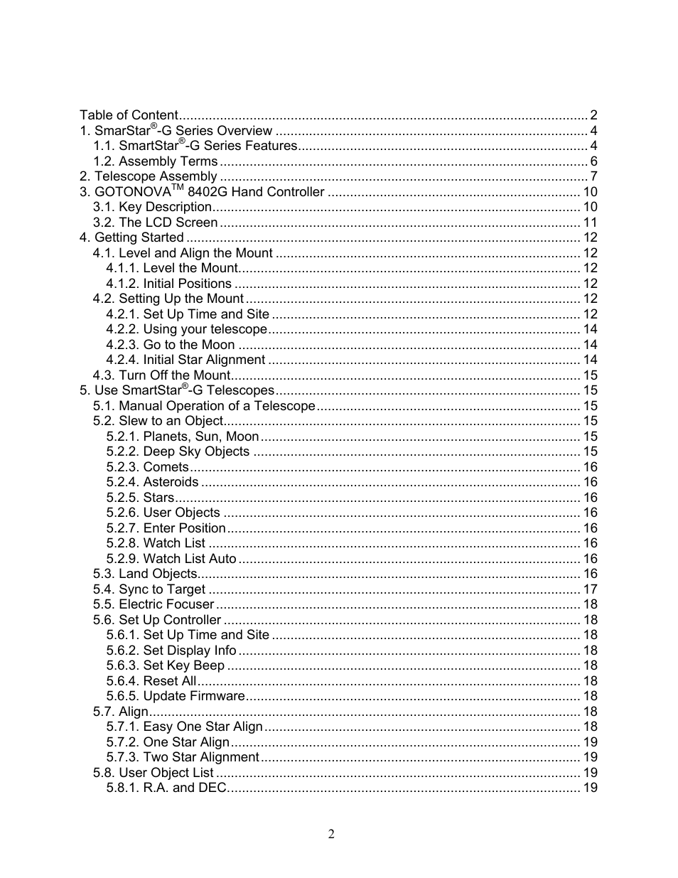 Table of content | iOptron SmartStar G-N114 User Manual | Page 2 / 42