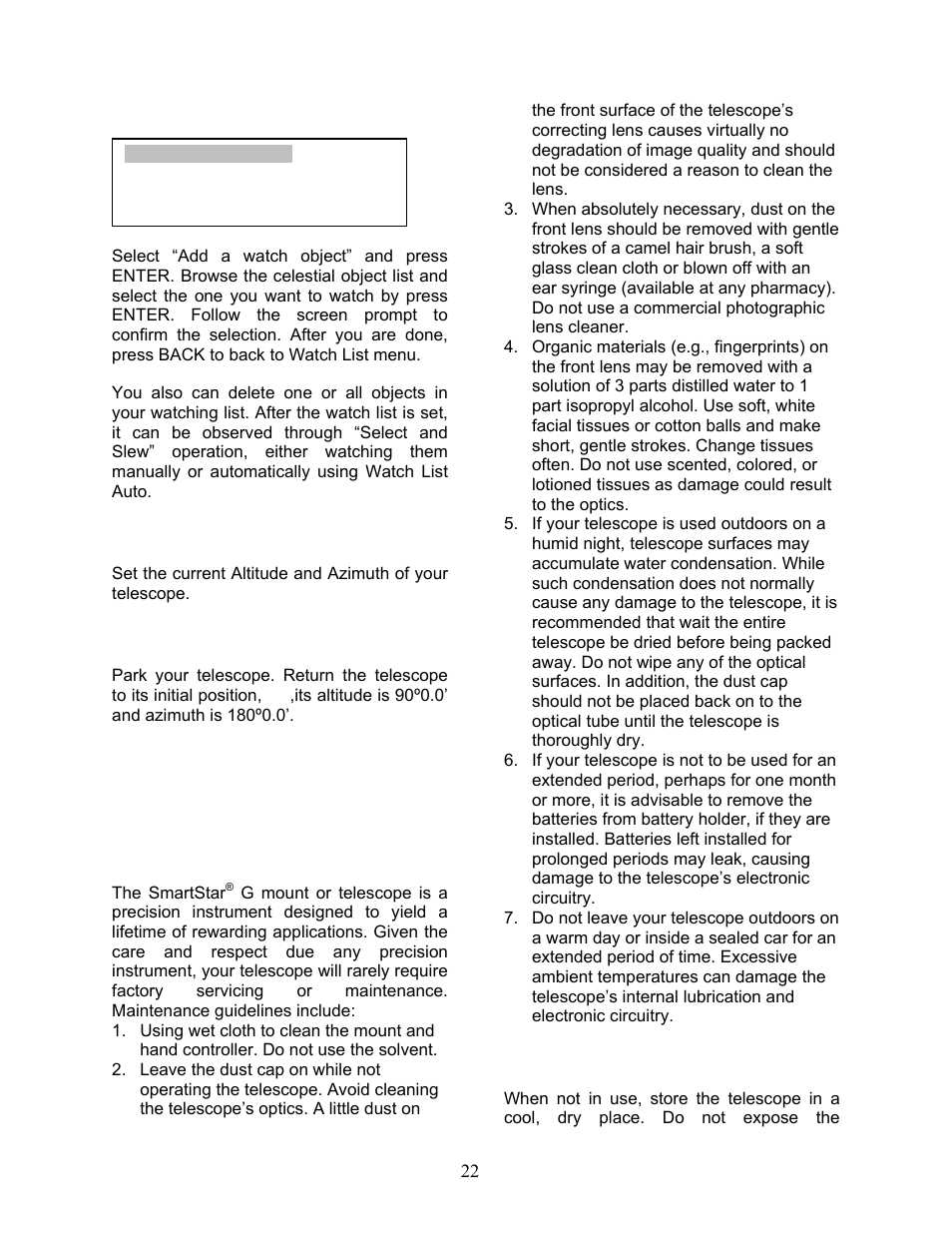Maintenance and servicing, Set telescope coord, Park scope | Maintenance, Storage and transport | iOptron SmartStar G-N114 User Manual | Page 22 / 42