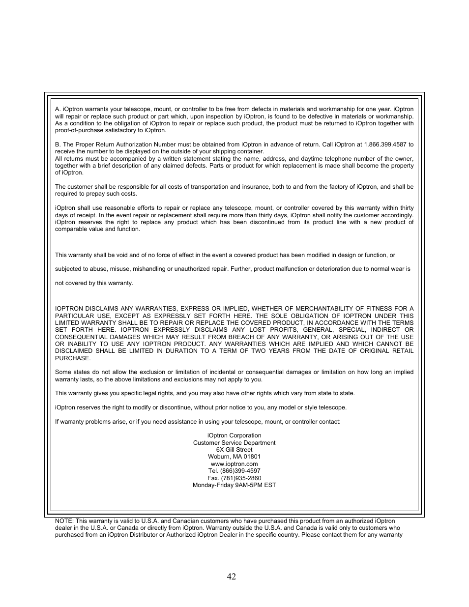 42 ioptron one year limited warranty | iOptron SmartStar G-N114 User Manual | Page 42 / 42